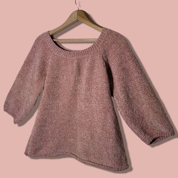 HYFVE Off The Shoulder Chenille Cropped Sleeve Cozy Blush Sweater - Picture 4 of 6